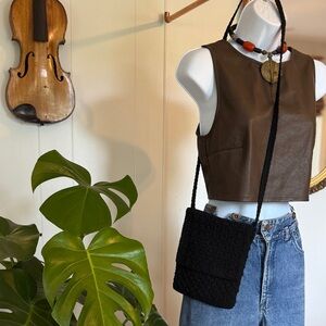 🌞 Vintage Black 90s Woven Crossbody Bag – w/ Coin Pouch, #51